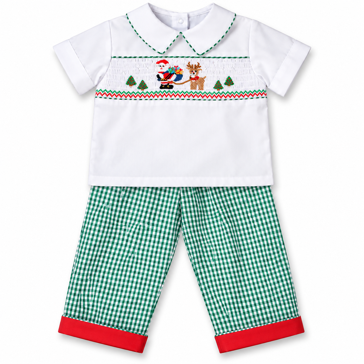 Santa & Rudolph White Green Gingham Smocked Shirt/Pants