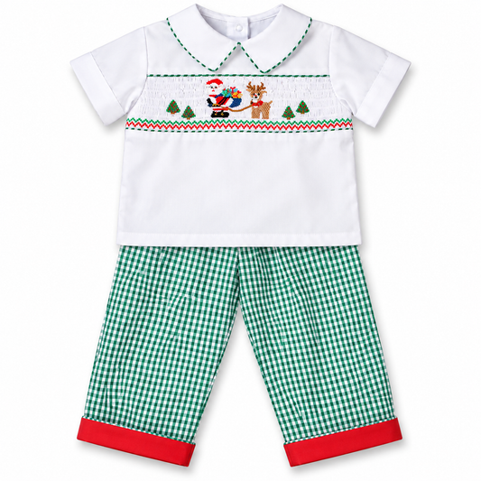 Santa & Rudolph White Green Gingham Smocked Shirt/Pants