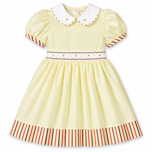 Sarah Lt. Yellow English Smocked Baby Dress with Striped Hem and Cap Sleeves