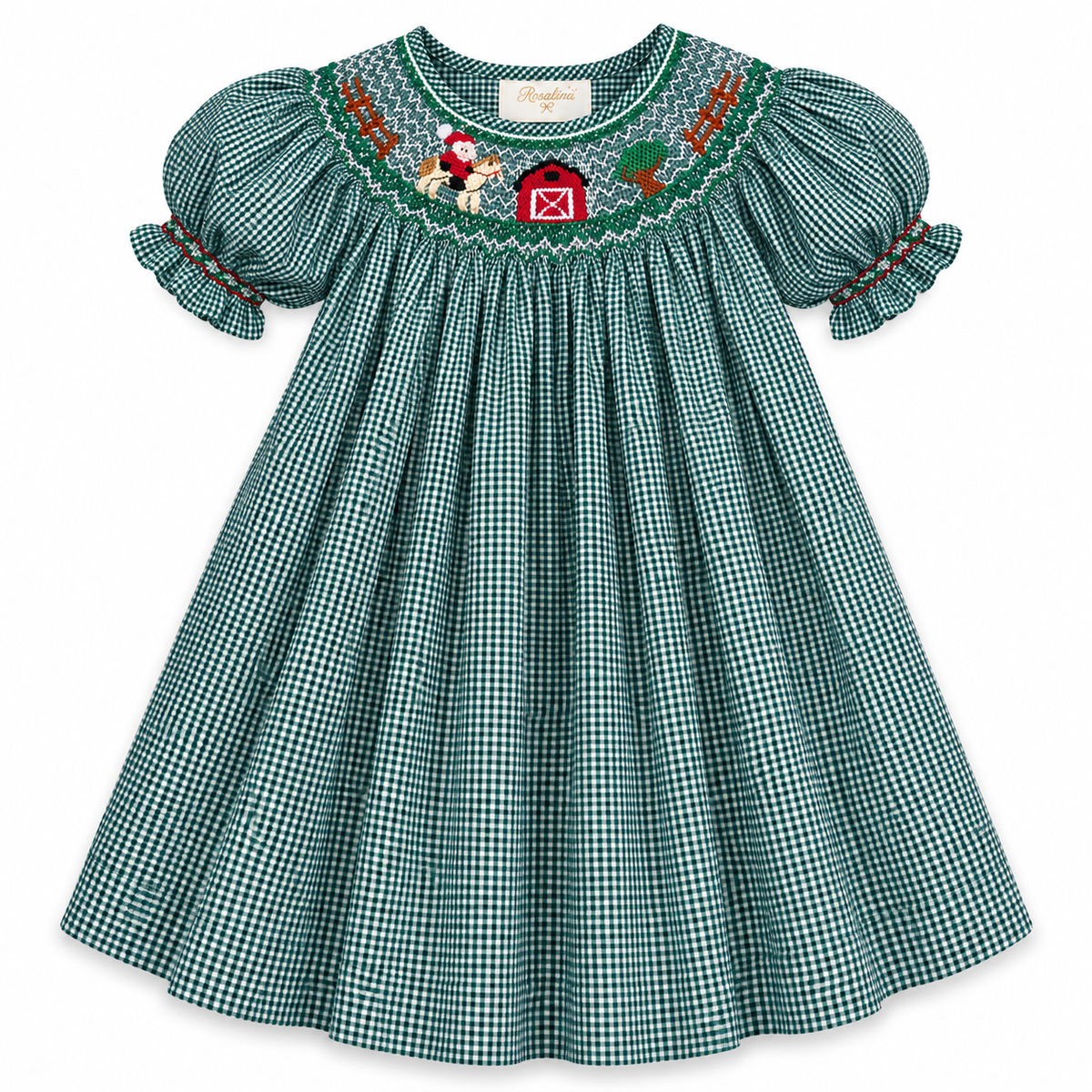 Cowboy Santa Green Gingham Smocked Bishop