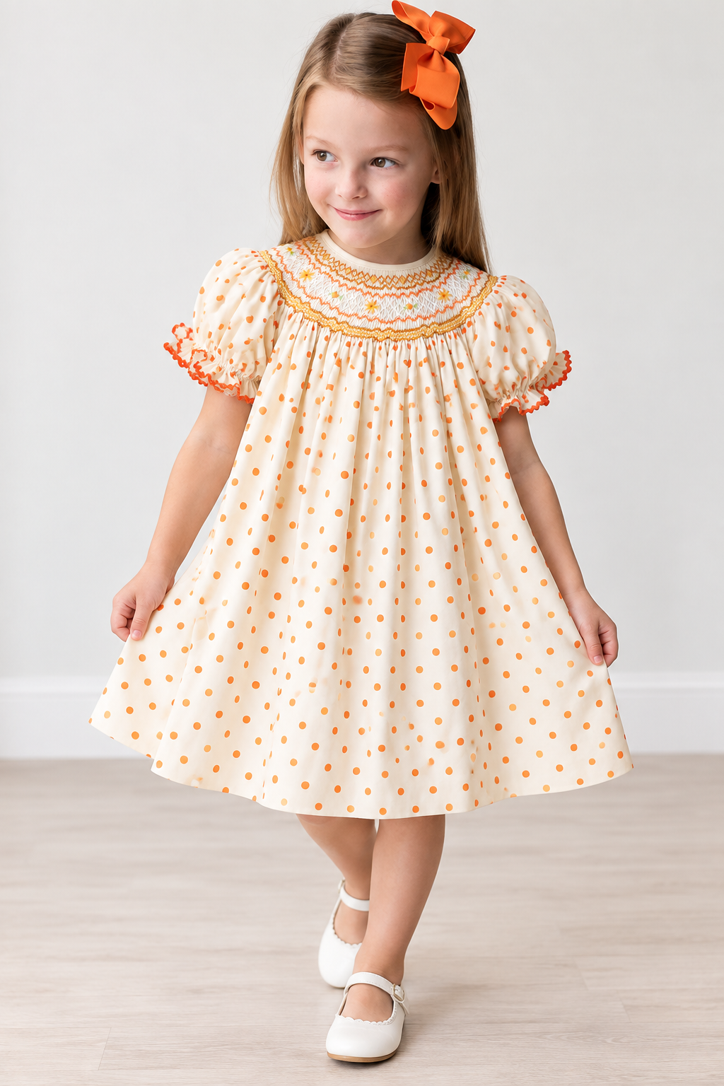 Yellow Orange Polkadot English Smocked Bishop w/RicRac