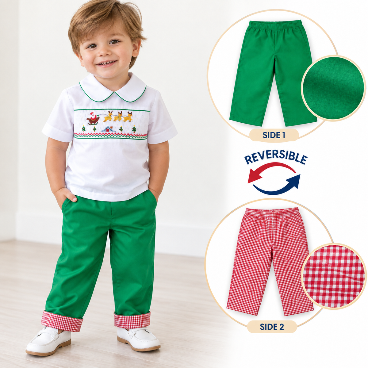 Flying Santa & Reindeer over Rooftop Smocked White Shirt & Green Pants