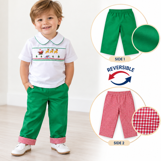 Flying Santa & Reindeer over Rooftop Smocked White Shirt & Green Pants