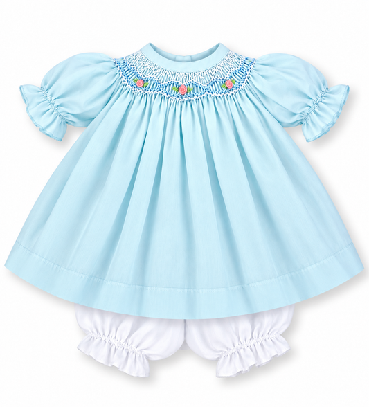 Blue Roselle Smocked Doll Dress w/opt Bonnet
