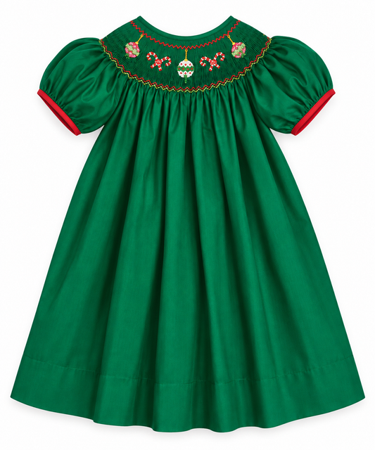 Christmas Ornaments and Candy Canes Smocked Forest Green Bishop w/Cap Sleeves