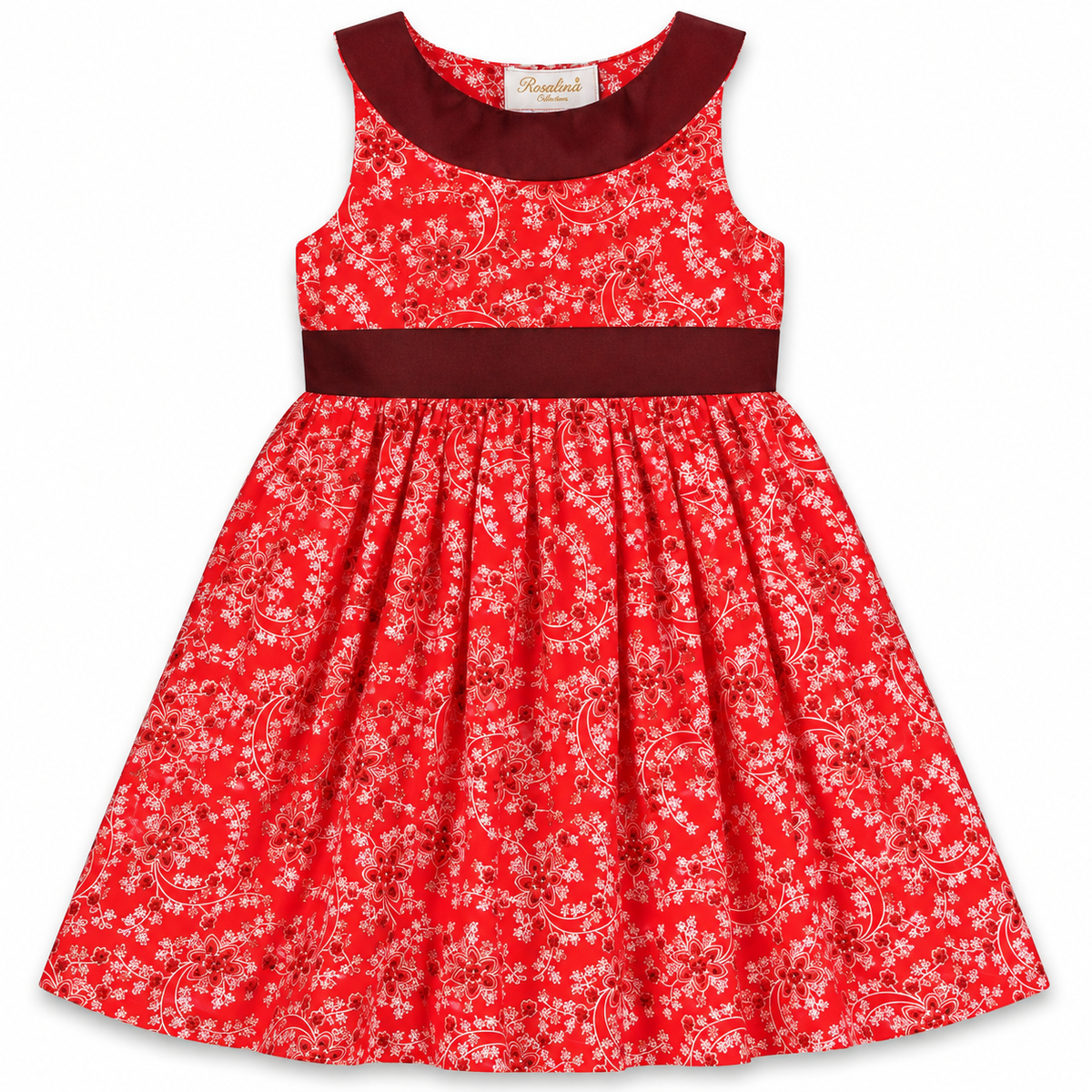 Red Floral Sundress with Brown Collar & Sash