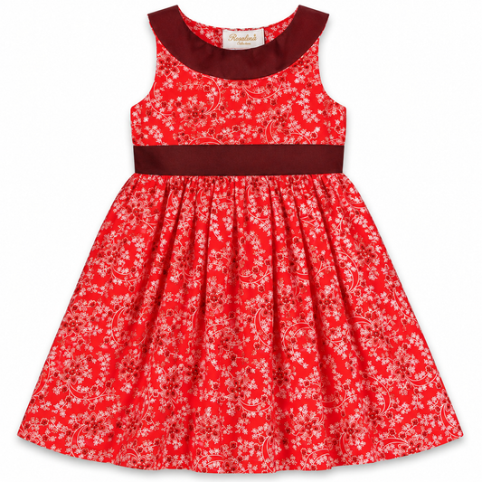 Red Floral Sundress with Brown Collar & Sash