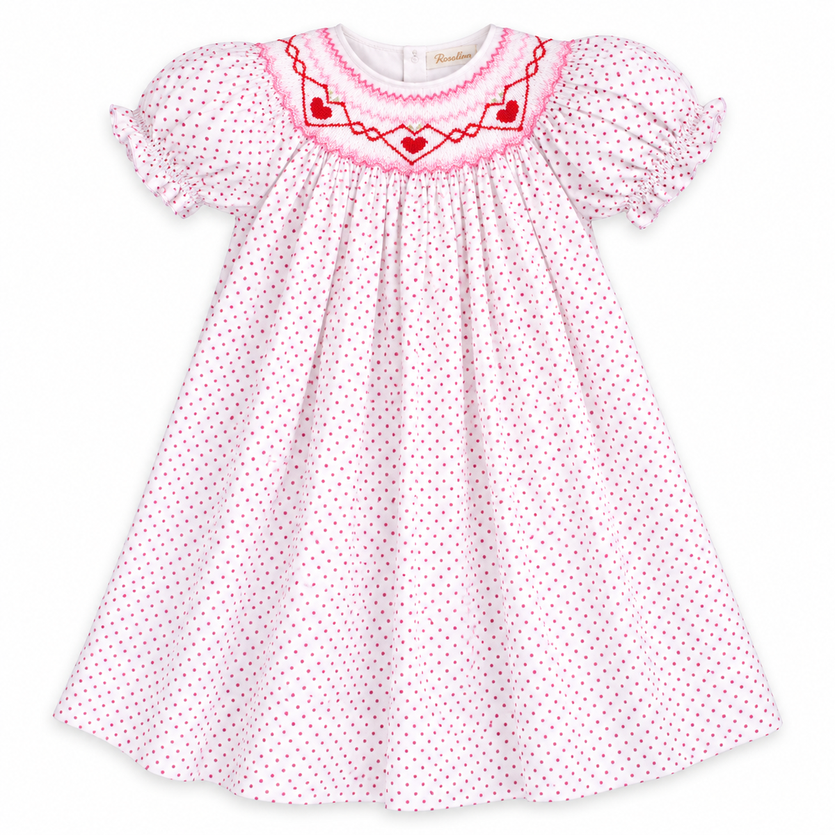 Red Hearts Pink Fuchsia Dot Smocked Bishop