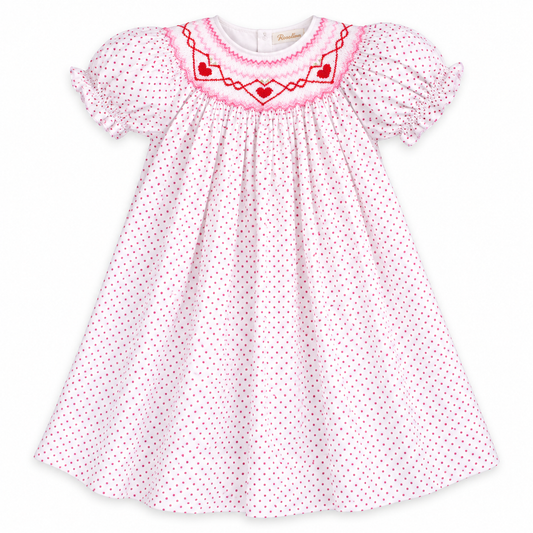 Red Hearts Pink Fuchsia Dot Smocked Bishop