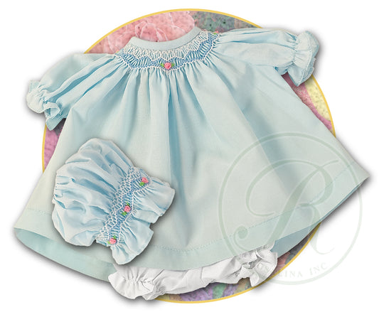 Blue Roselle Smocked Doll Dress w/opt Bonnet
