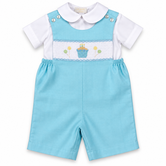 Birthday Cupcake Party Smocked Aqua Blue Romper