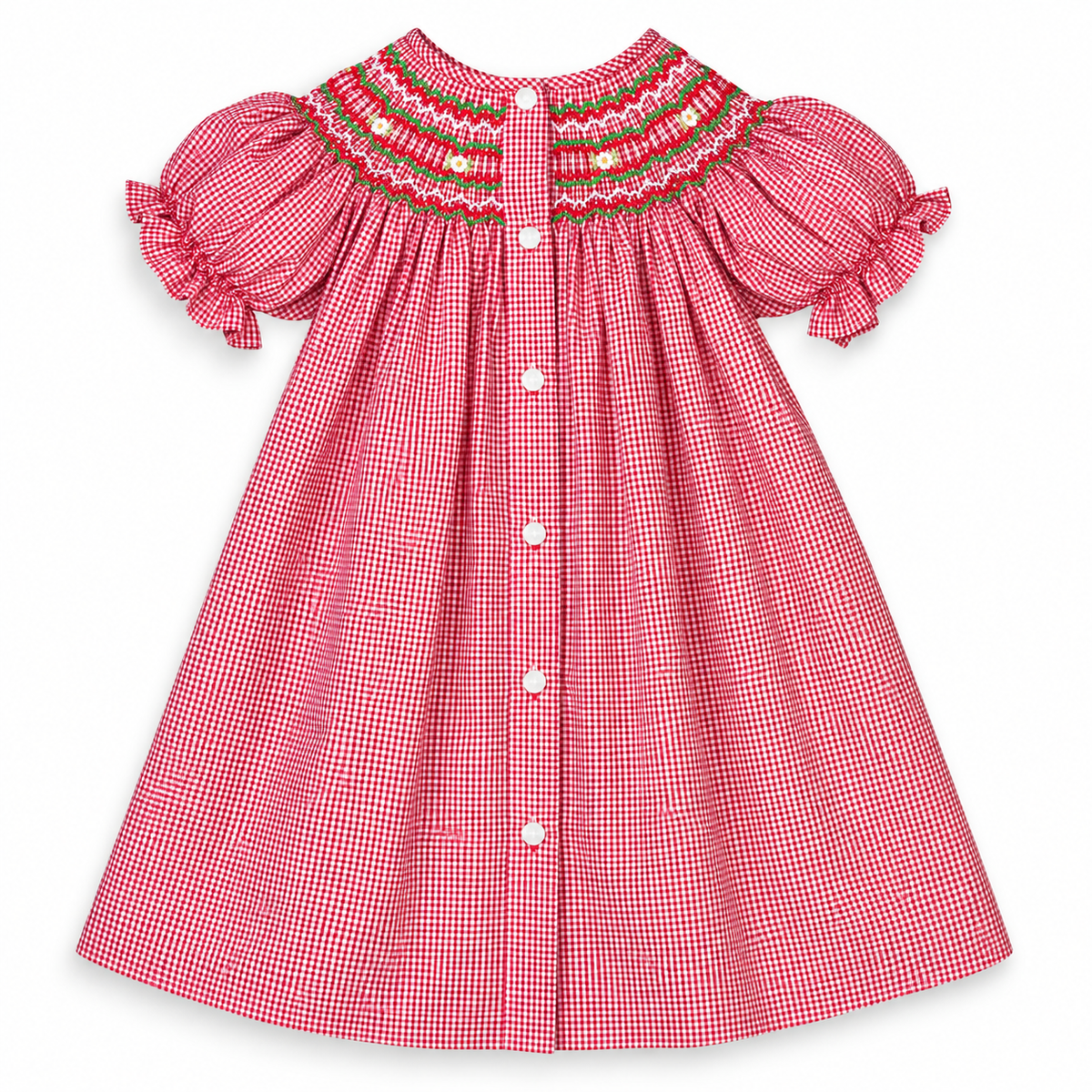 Red Gingham English Smocked Bishop Front Buttons