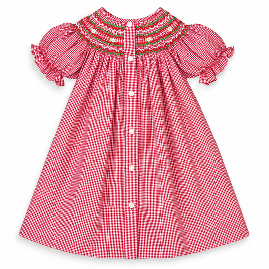 Red Gingham English Smocked Bishop Front Buttons