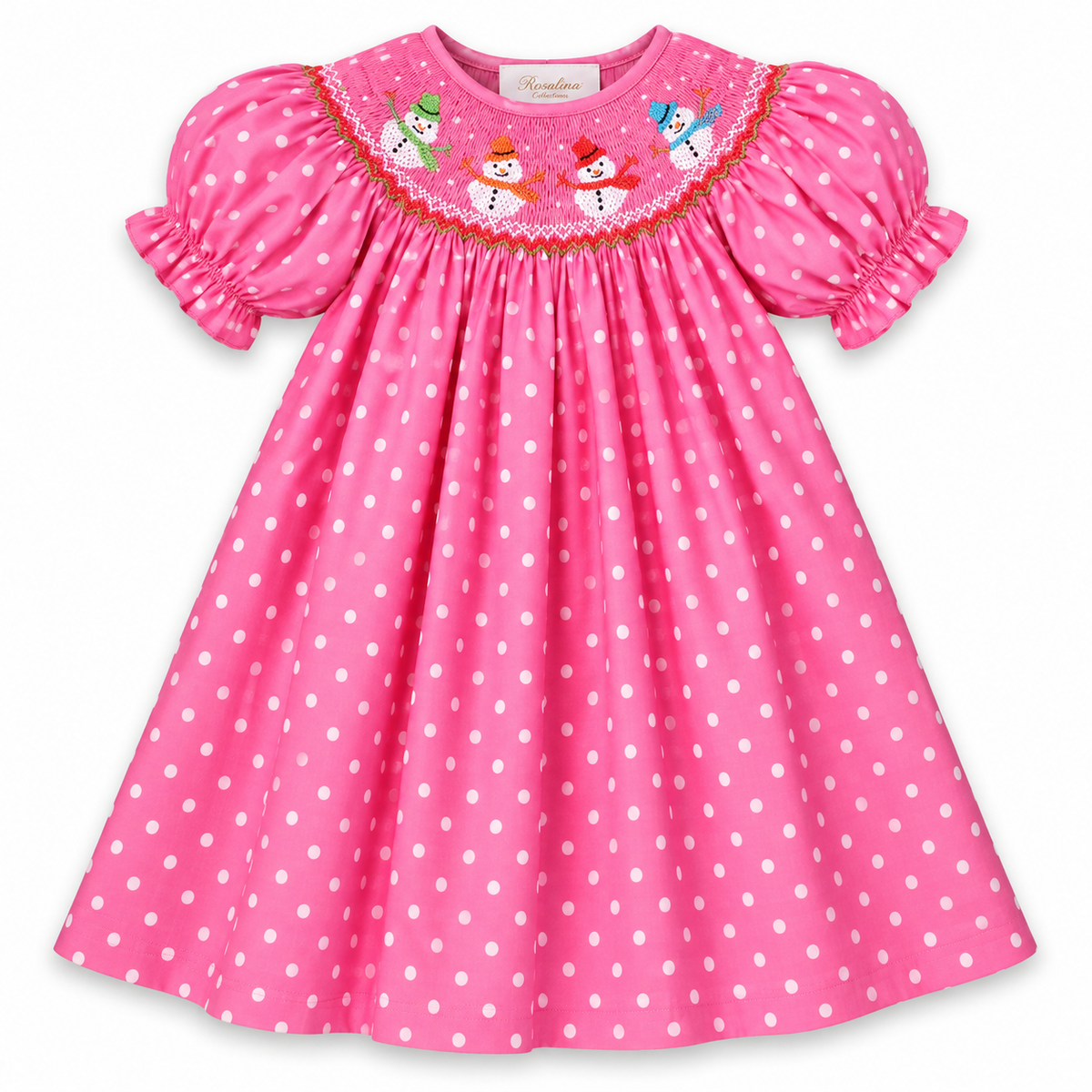 Joyful Snowmen Med. Pink White Polkadot Smocked Bishop