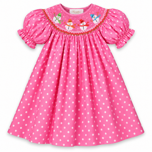 Joyful Snowmen Med. Pink White Polkadot Smocked Bishop