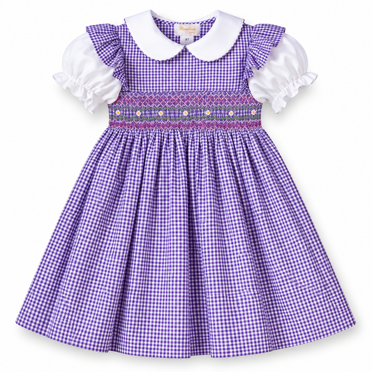 Dark Purple Gingham and White English Smocked Baby Dress