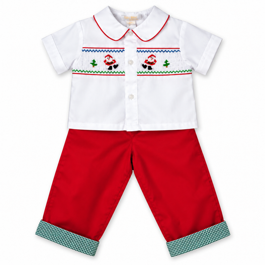 Ice Skating Santa Smocked White/Red Pants Set