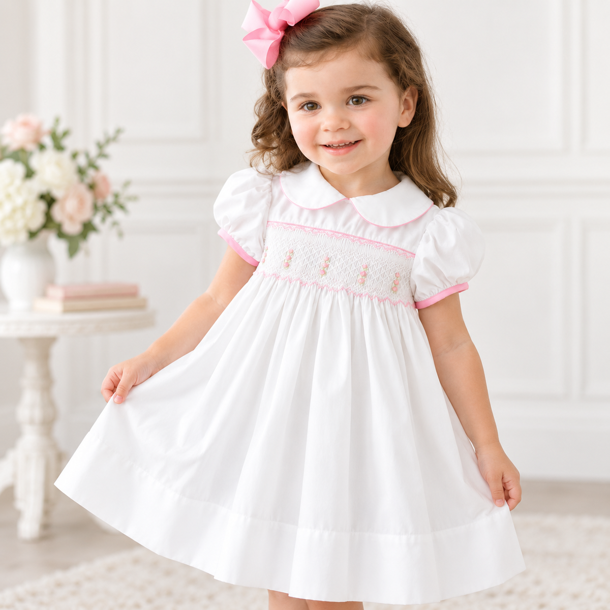 Sarah Off-White & Pink English Smocked Baby Dress