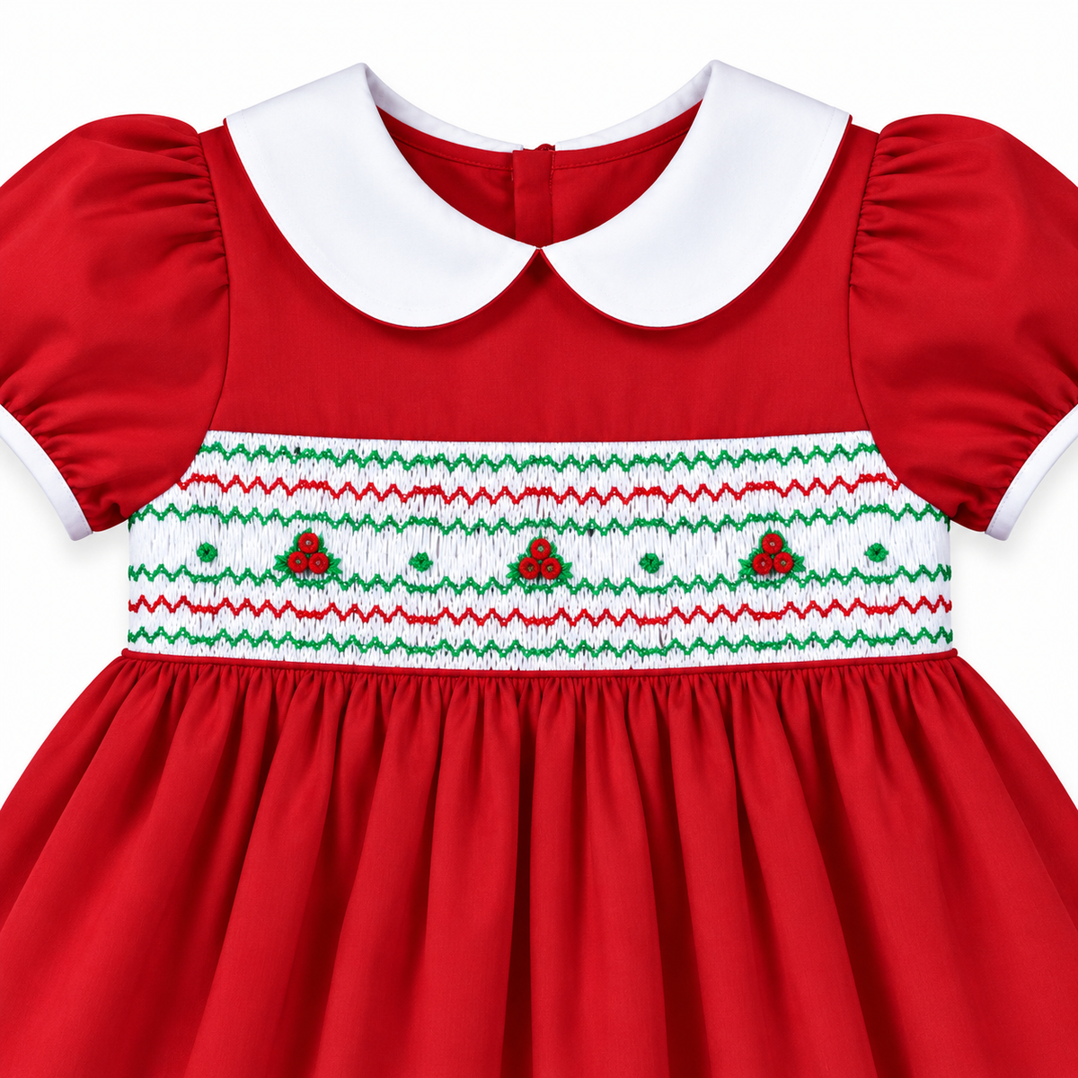 Victoria Holiday Red/White English Smocked Baby Dress w/Cap Sleeves