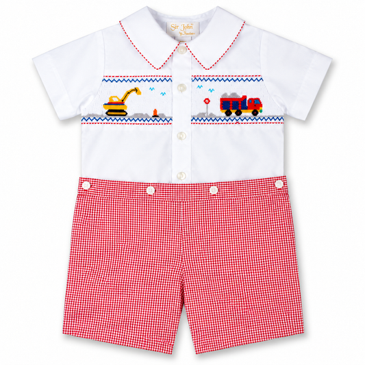 Trucks Smocked Red Gingham Button-On Short Set