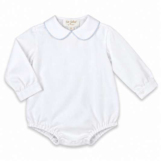 White Long Sleeve Boy Bubble with L.Blue Trim