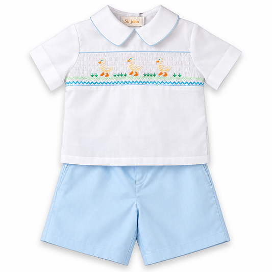 White Ducks White/Light Blue Smocked Short Set