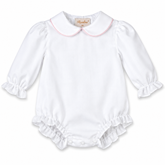 White Long Sleeve Girl Bubble with Pink Trim