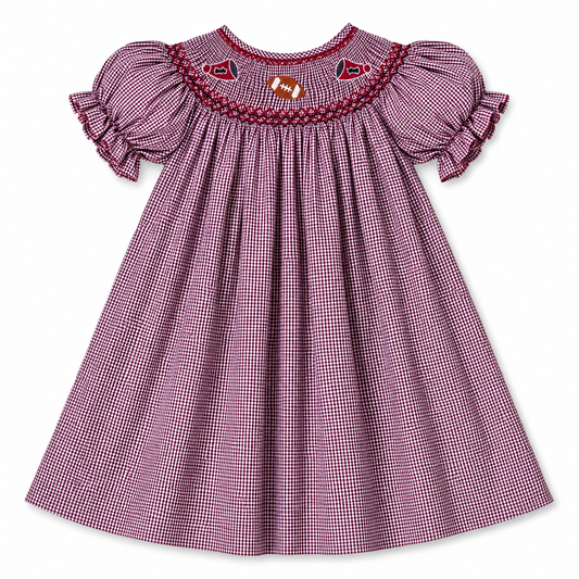 Football Maroon & White Gingham Smocked Bishop