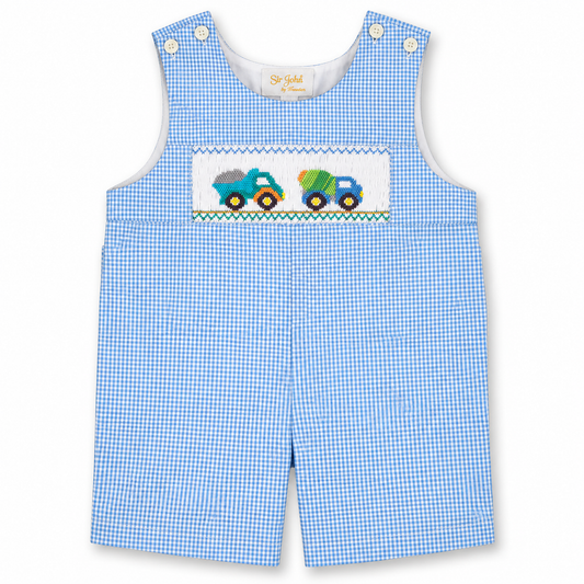 Construction Trucks Blue Gingham Smocked Romper