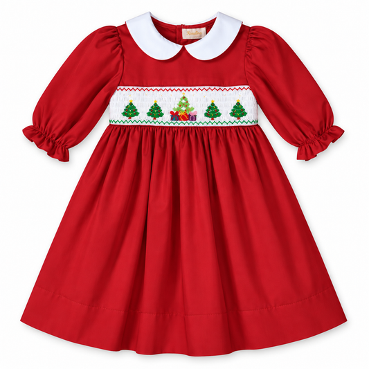 Christmas Trees & Presents Red Smocked L.Sleeve Baby Dress