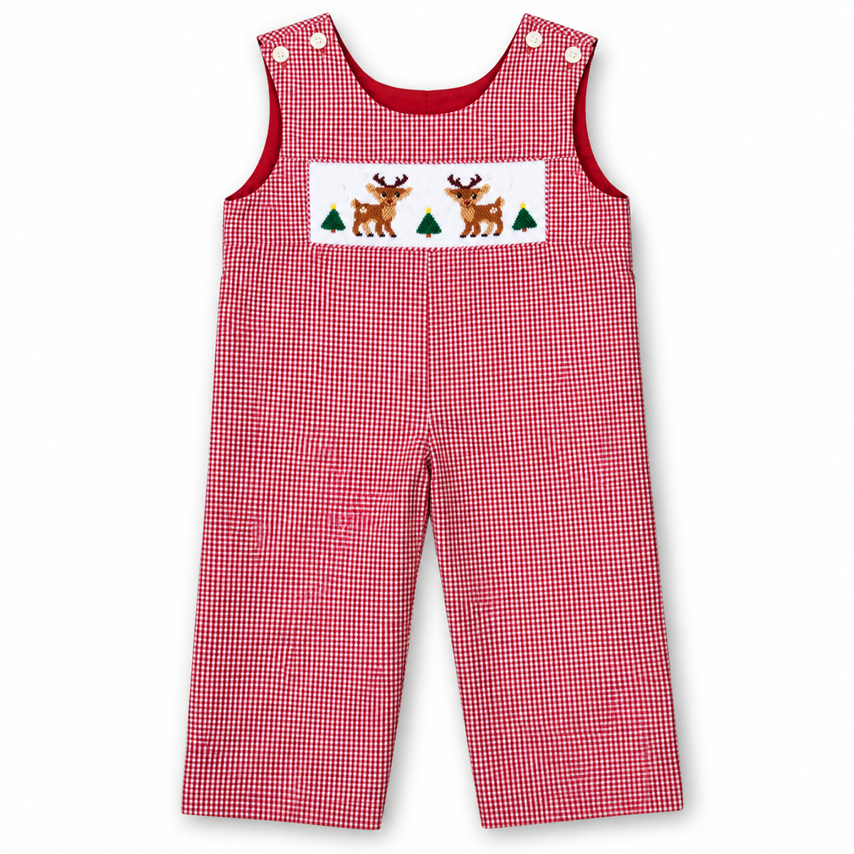 Reindeer Friends Red Gingham Smocked Reversible Longall