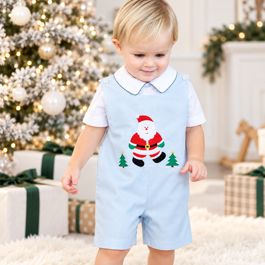 Santa Light Blue w/Green Gingham Trim Romper
