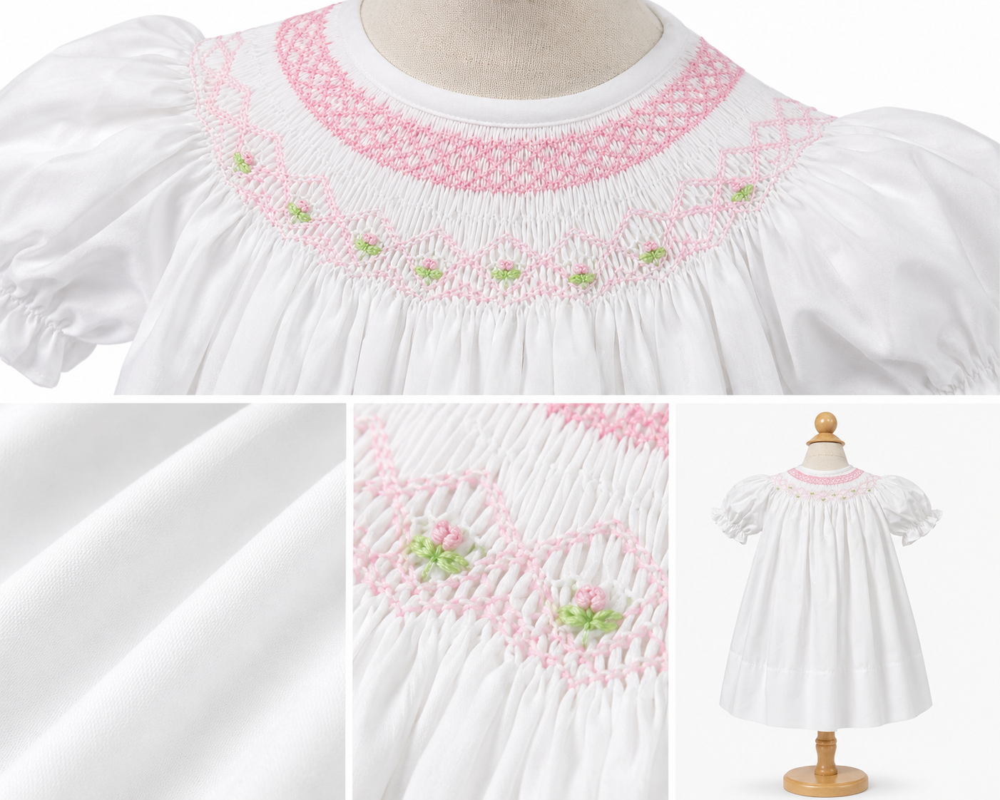 Pink Floral Smocked White Bishop Dress 10107DGG