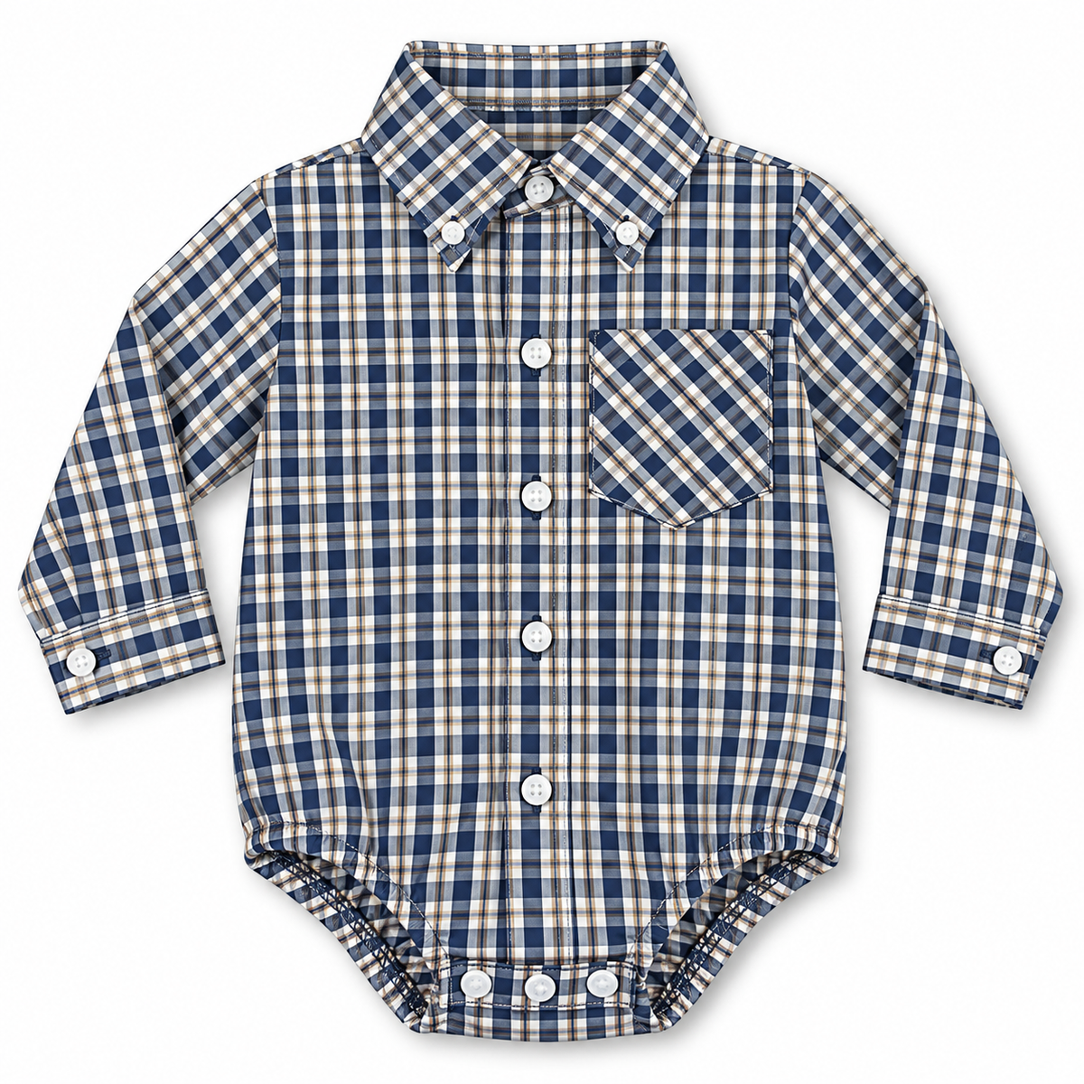 Navy Blue Tan Plaid Boy Bubble w/Button Collar