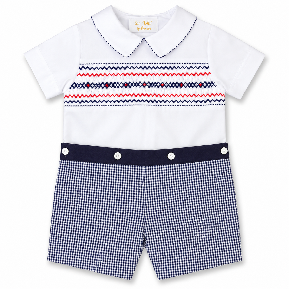 Patriot White Navy Gingham Button-On Smocked Short Set