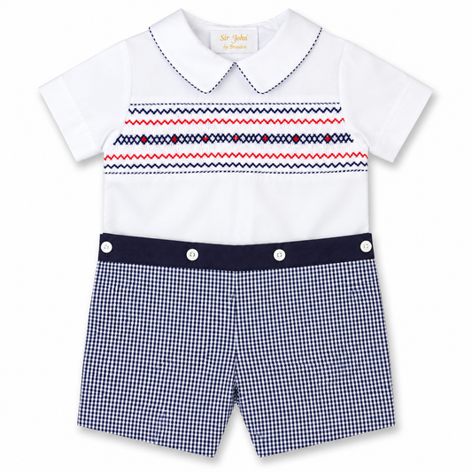 Patriot White Navy Gingham Button-On Smocked Short Set