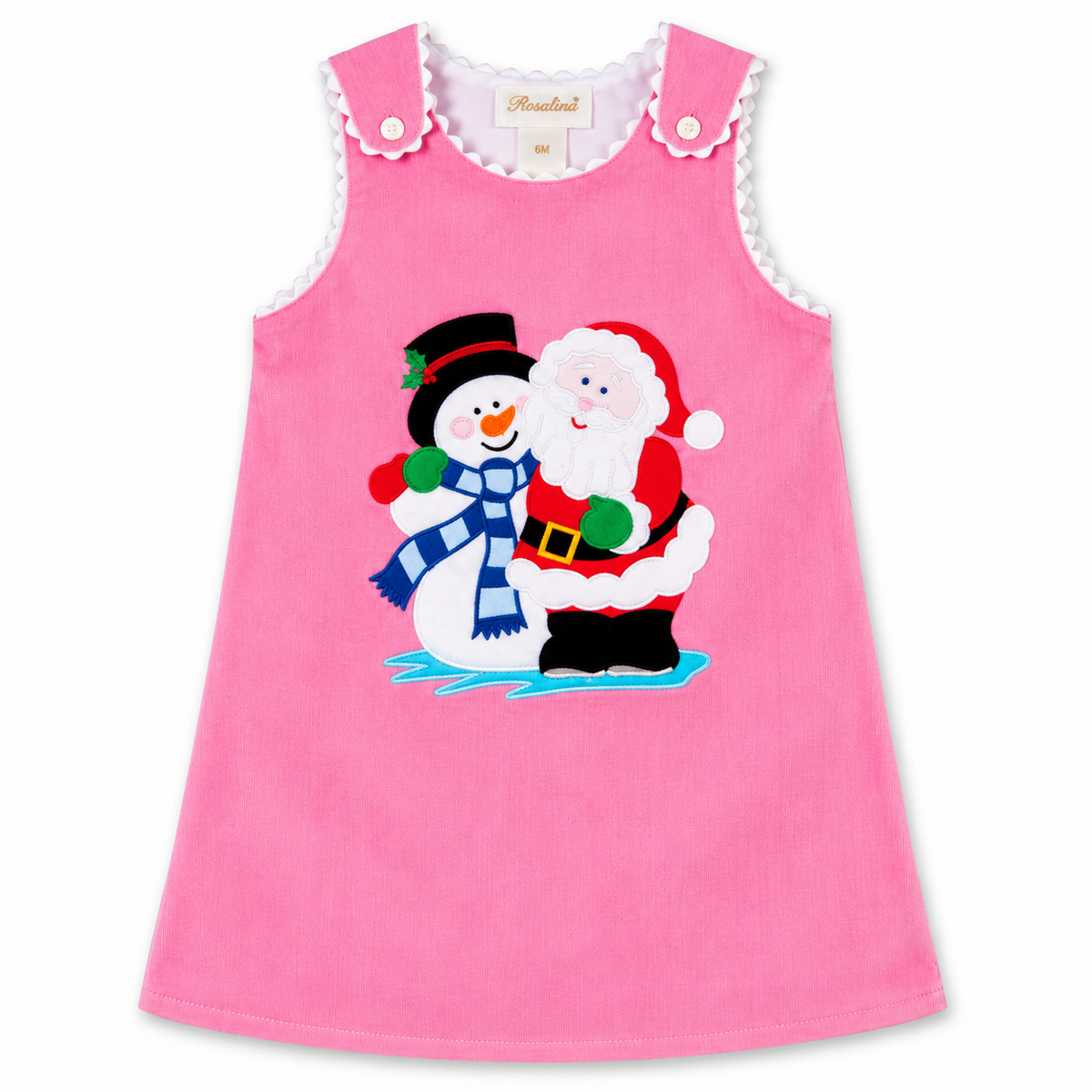 Santa & Frosty Snowman Buddies Pink Corduroy Aline with RicRac