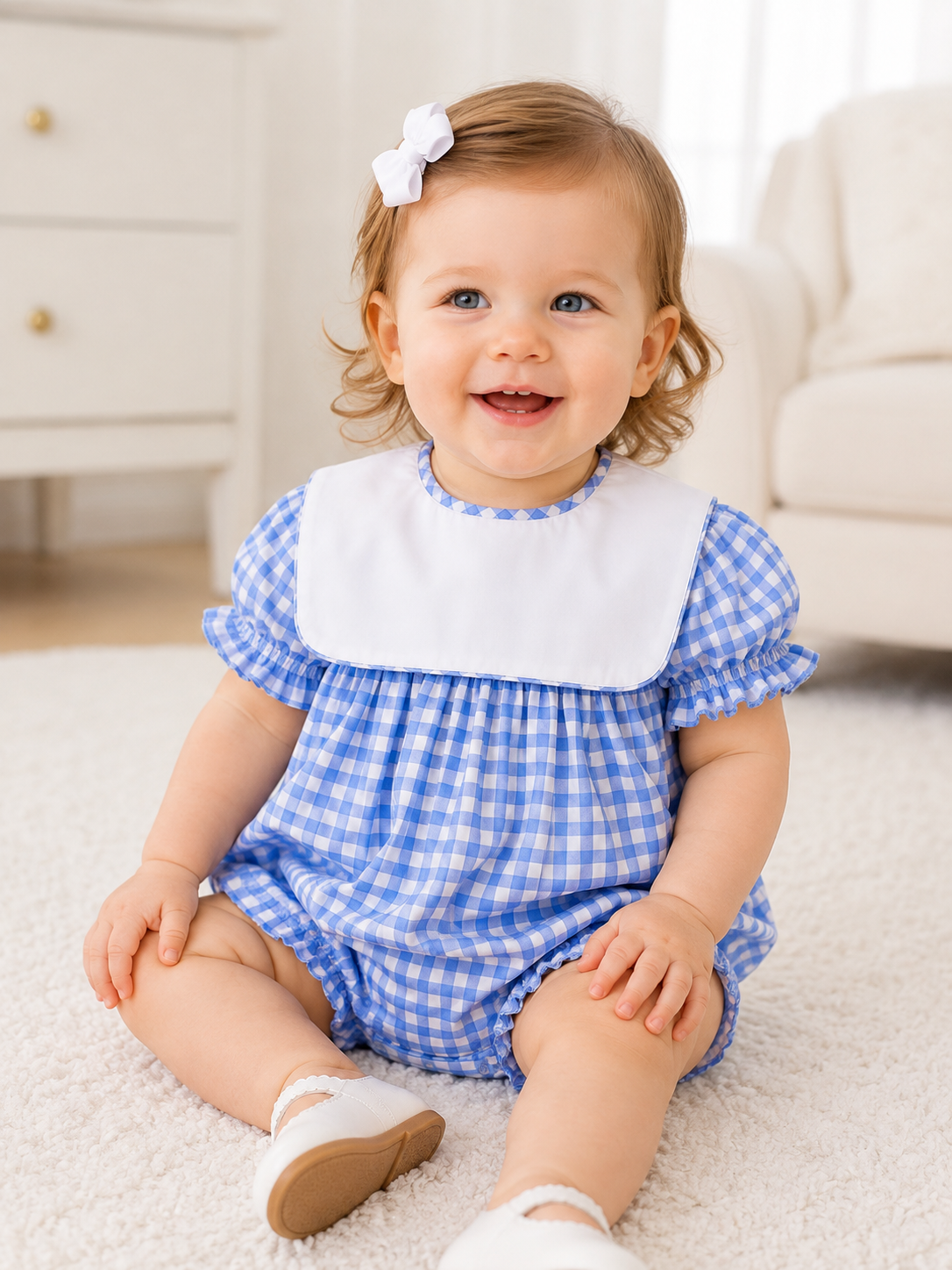Classic Gingham Baby Bubble with White Bib Collar – Blue 10126BUG