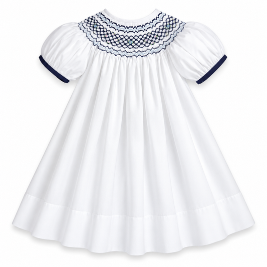 Cassidy White with Navy Blue English Smocked Bishop w/Cap Sleeves