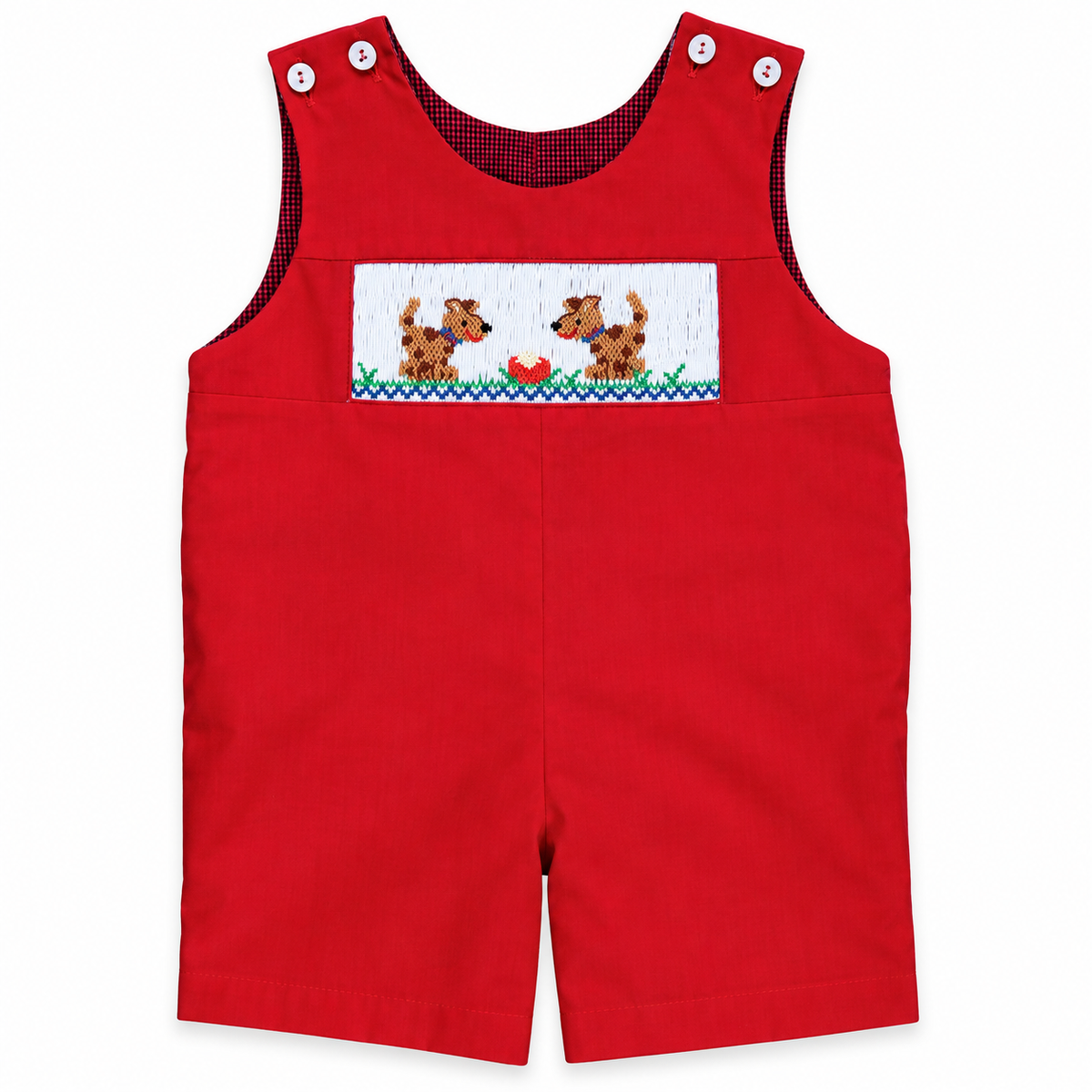 Puppy Dinner Time Smocked Red Reversible Romper