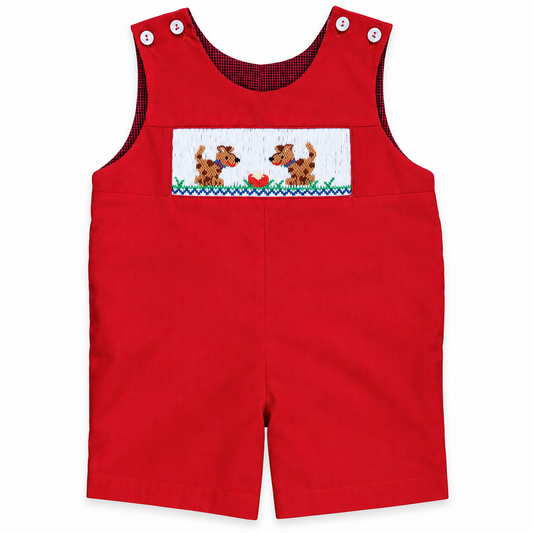 Puppy Dinner Time Smocked Red Reversible Romper