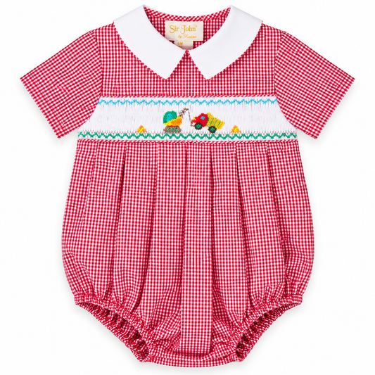 Crane & Truck Red Gingham Smocked Boy Bubble