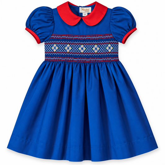 Royal Blue & Red English Smocked Baby Dress