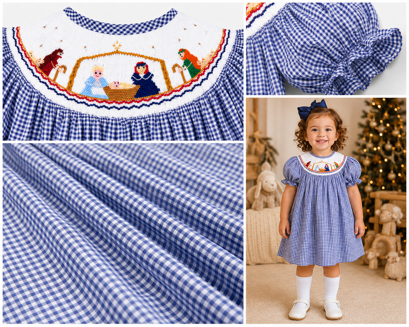 Bishop Nativity Smocked Navy Gingham Dress #10043A