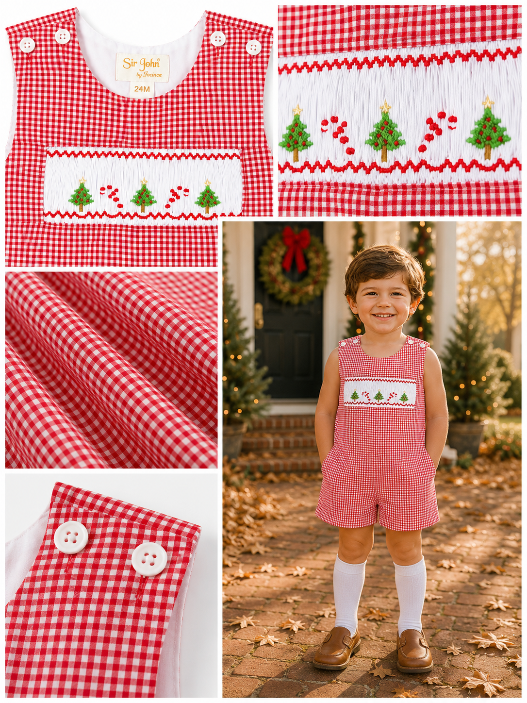 Boy Romper Christmas Trees and Candy Cane Smocked #10039R
