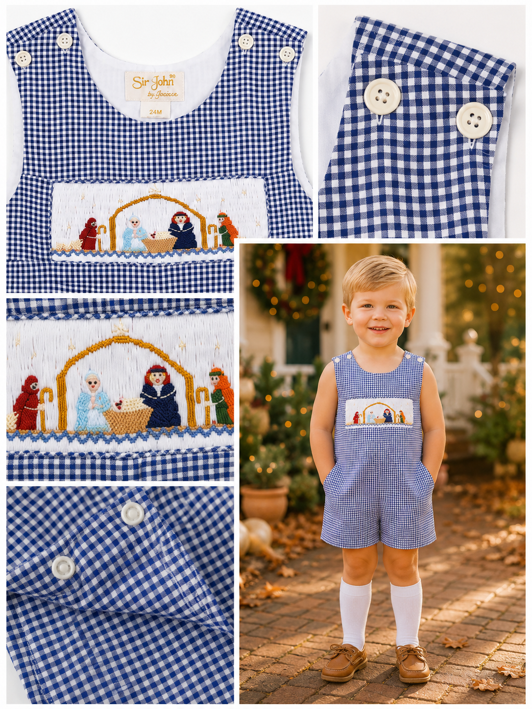Boy Romper Nativity Smocked Navy Gingham #10043R