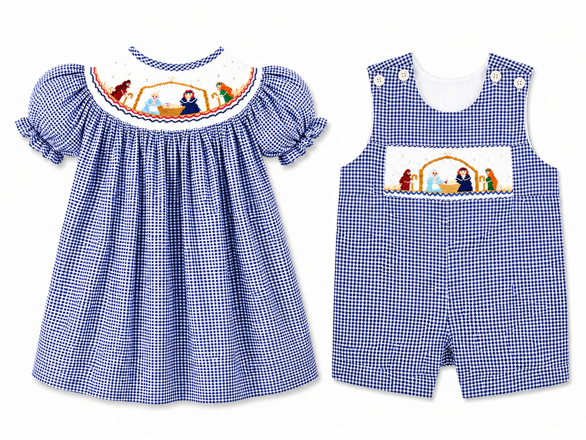 Boy Romper Nativity Smocked Navy Gingham #10043R