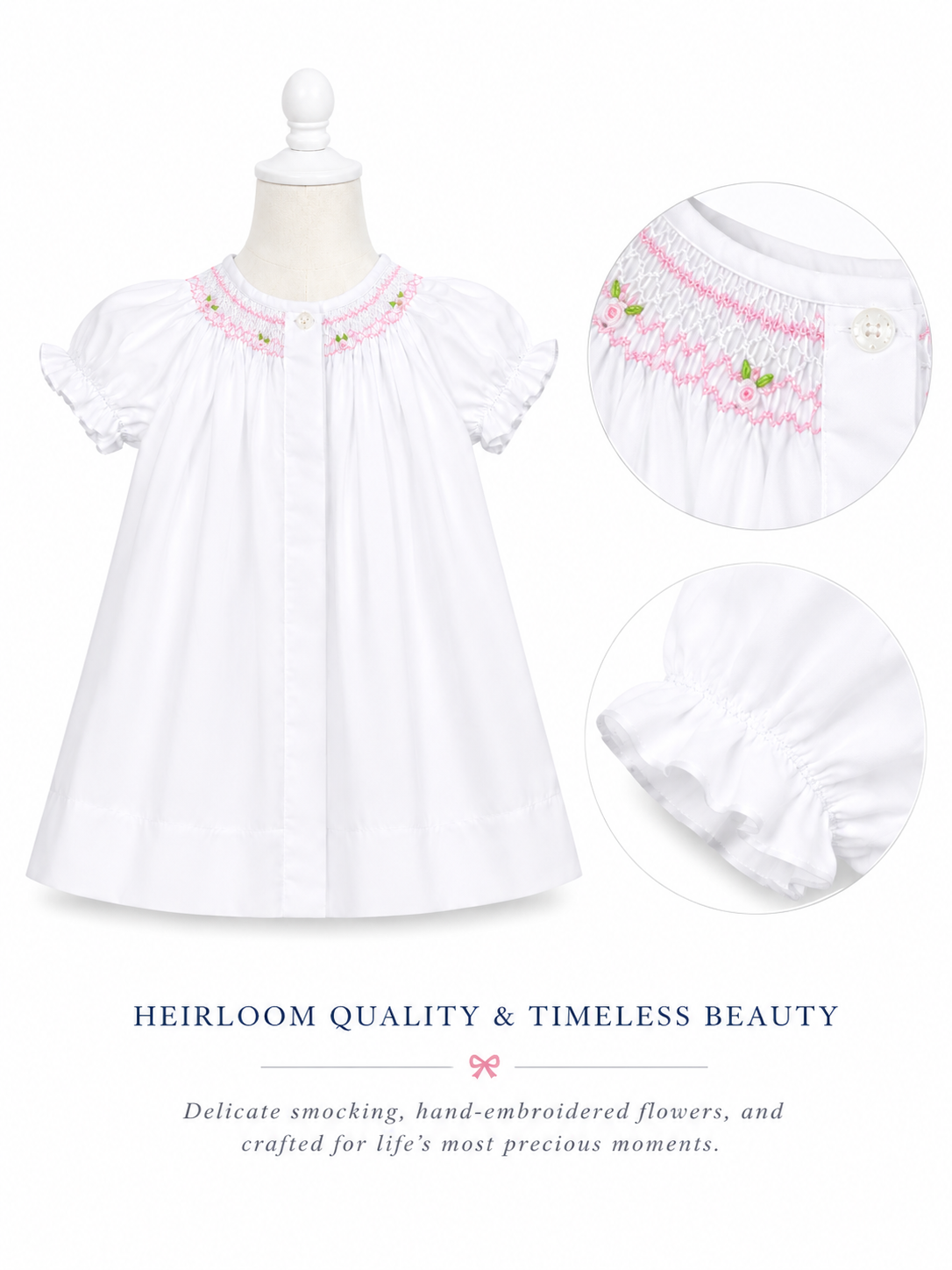 Pink Floral Smocked White Button-Front Bishop Dress 10108DGG