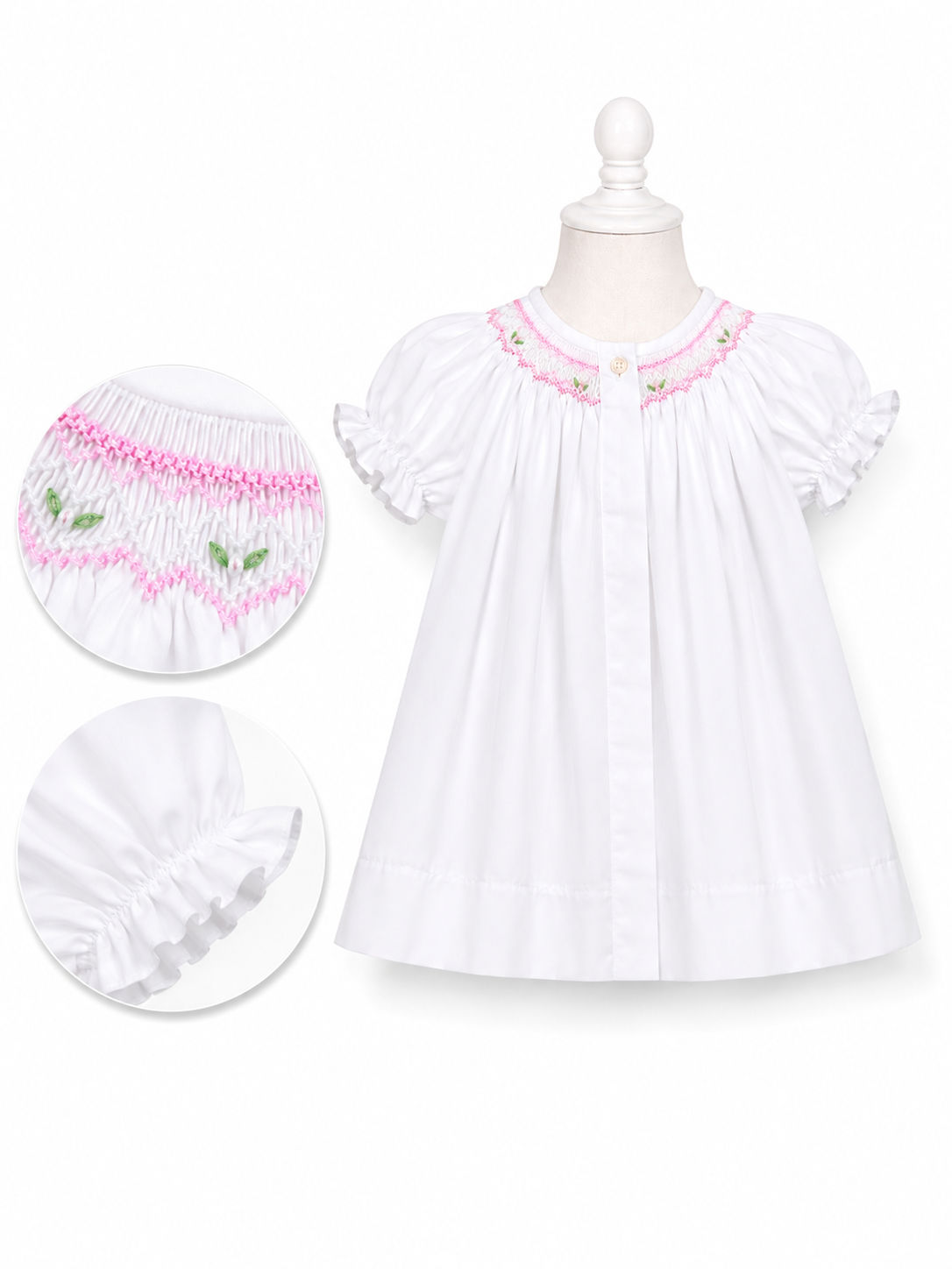 Pink Floral Smocked White Bishop Dress 10109DGG