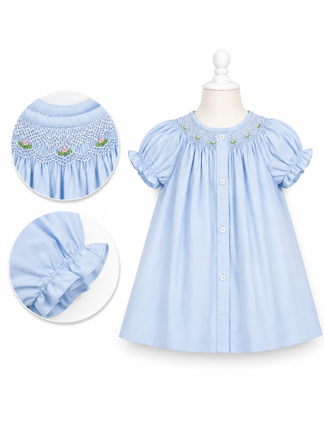 Baby Blue Floral Smocked Button-Front Bishop Dress 10112DGG